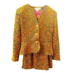 "Timeless Elegance: Vintage Christian Dior Yellow Tweed Skirt Suit | Size 10"